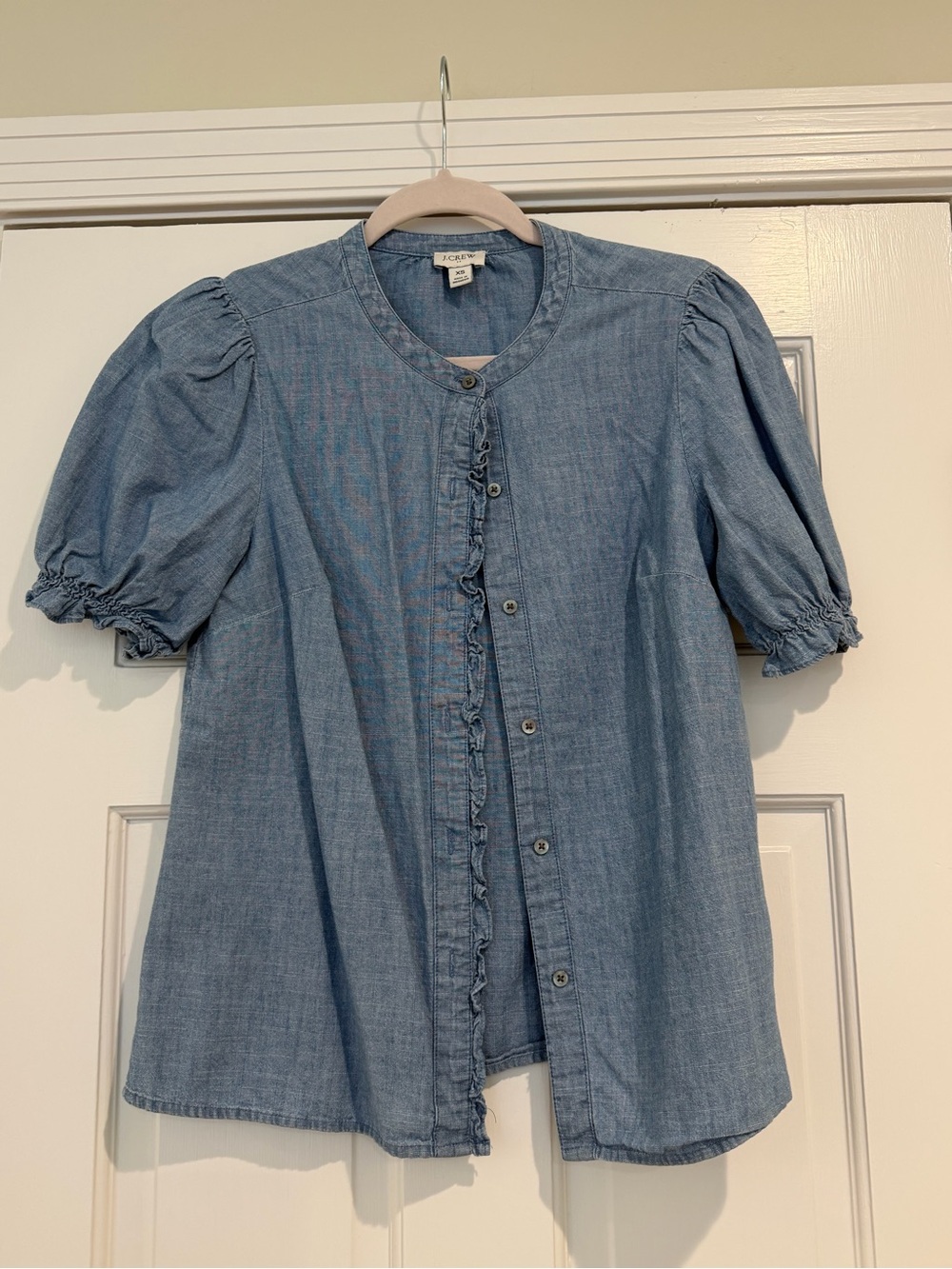 J crew Light Blue Puff Sleeve Chambray Button Front Top